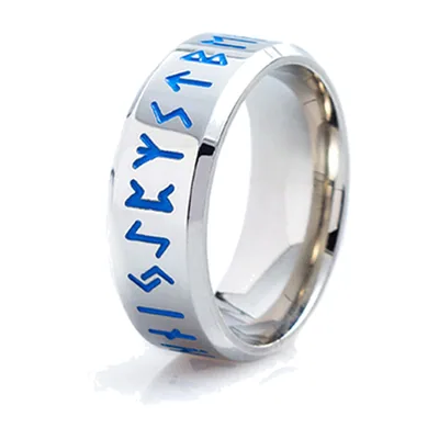 Anillo de Runas Nórdicas con Detalles Azules, Acero Inoxidable
