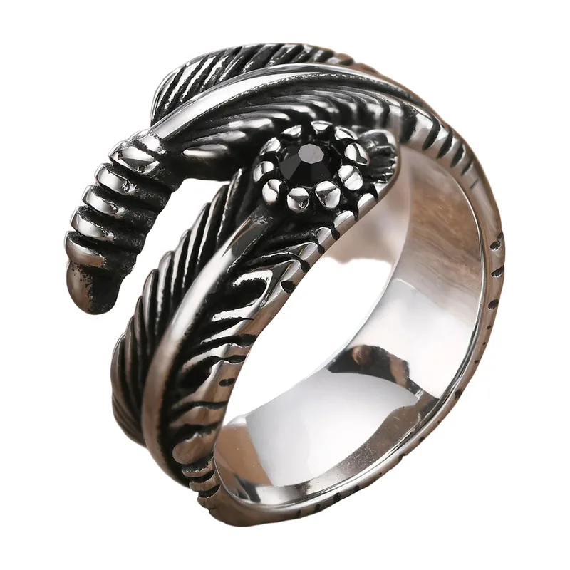 Anillo de Plumas con Zirconia Negra, Acero Inoxidable