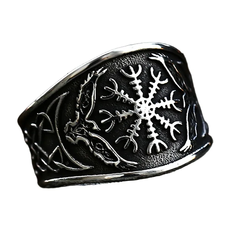 Vegvisir Wikinger Kompassring mit Nordischen Motiven, Edelstahl