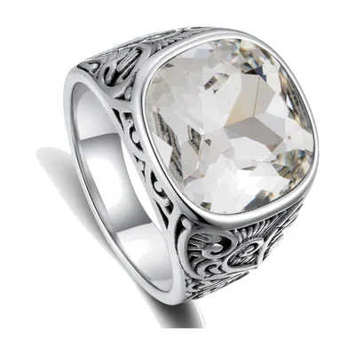 Anillo Sello Cuadrado con Circonia Clara, Acero Inoxidable