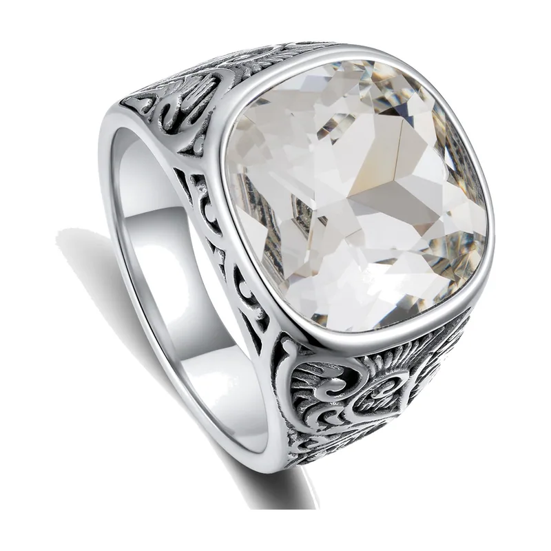 Anillo Sello Cuadrado con Circonia Clara, Acero Inoxidable