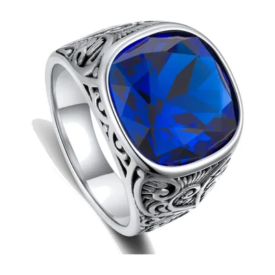 Anillo de Sello Cuadrado con Piedra Azul, Acero Inoxidable