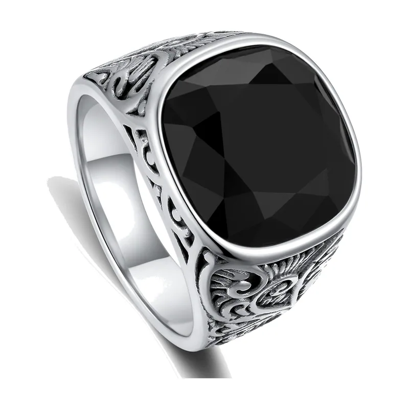 Square Signet Ring with Black Stone and Scrollwork, Stainless Steel