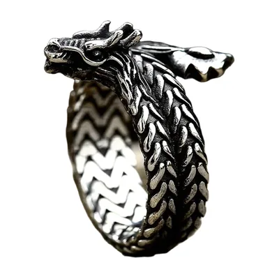 Wikinger Drachenkopf-Ring mit Schuppen-Details, Edelstahl