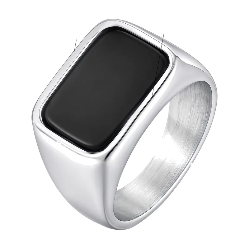 Square Signet Ring with Black Stone, Stainless Steel