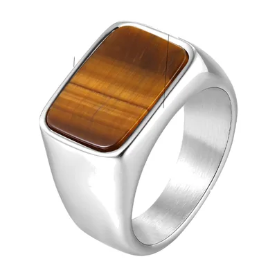 Anello Sigillo Quadrato con Occhio di Tigre, Acciaio Inossidabile