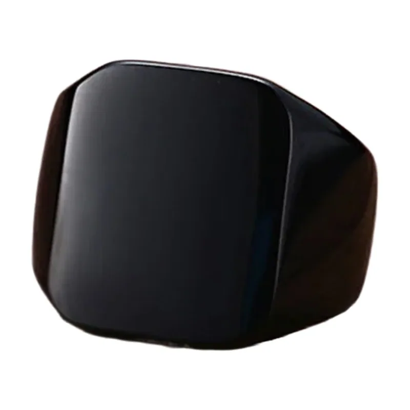 Square Signet Ring with Black Stone, Stainless Steel
