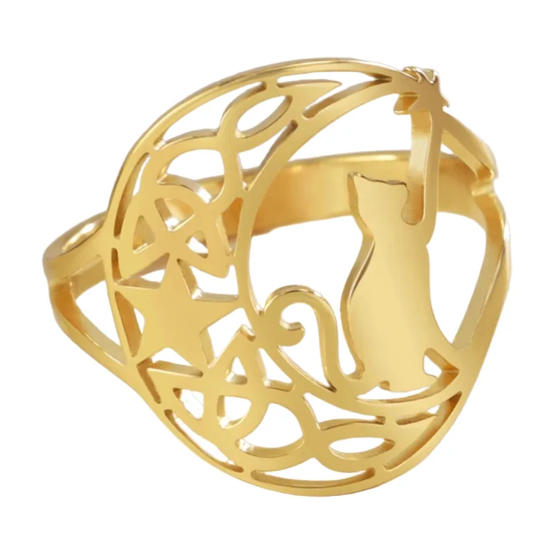 Keltischer Knoten Ring mit Katzen- und Sternmotiven, Edelstahl