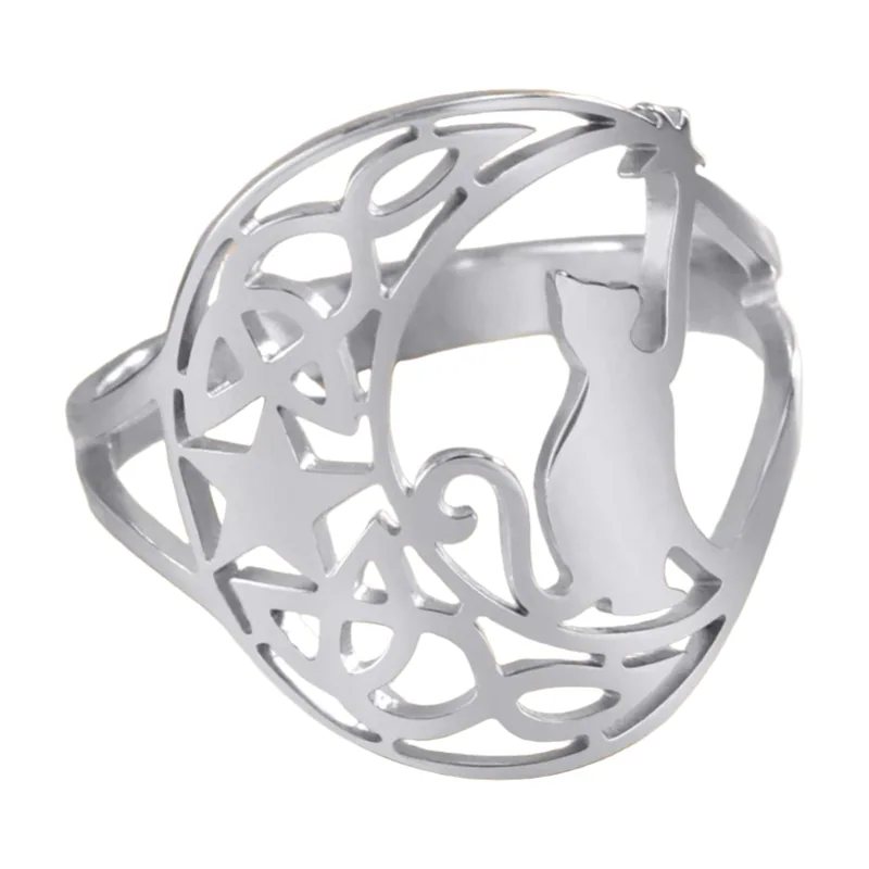 Cat and Celtic Knot Star Wrap Ring, Stainless Steel