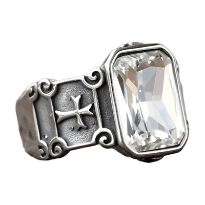 Anello Sigillo Gotico con Croce e Zirconia, Acciaio Inossidabile