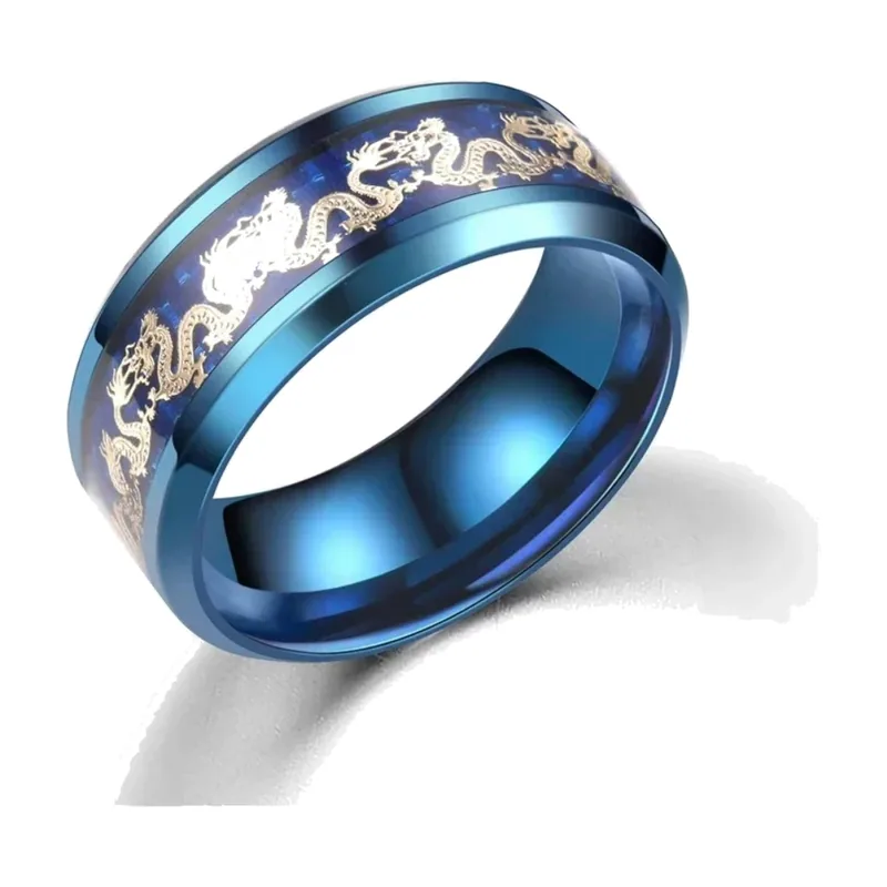 Anello con motivo Drago e finitura blu, Acciaio Inossidabile