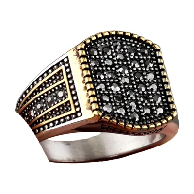 Chevalière Carrée avec Zirconia Noir, Acier Inoxydable