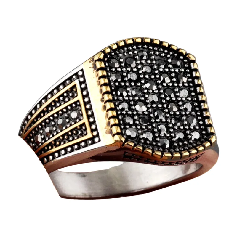 Chevalière Carrée avec Zirconia Noir, Acier Inoxydable