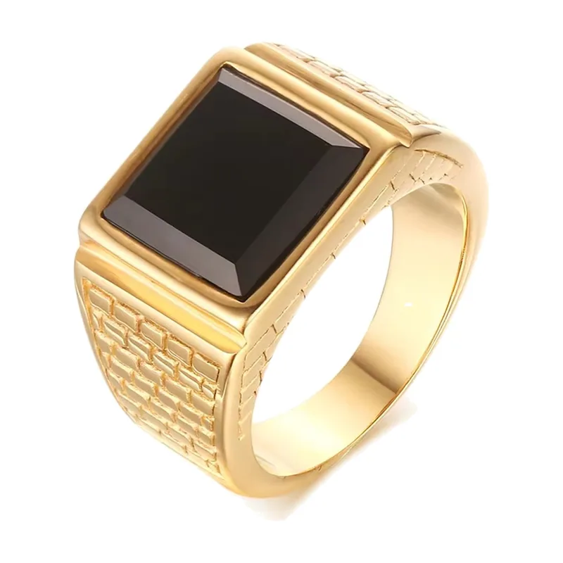 Square Signet Ring with Black Stone, Stainless Steel