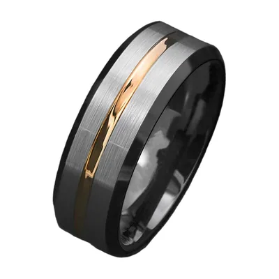 Anello a fascia satinato con striscia dorata, acciaio inossidabile