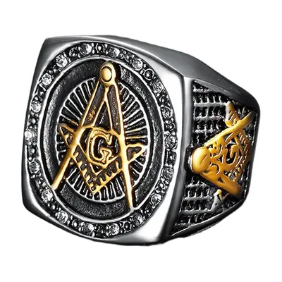 Herren Siegelring mit Zirkonia und Maurer-Symbol, Edelstahl