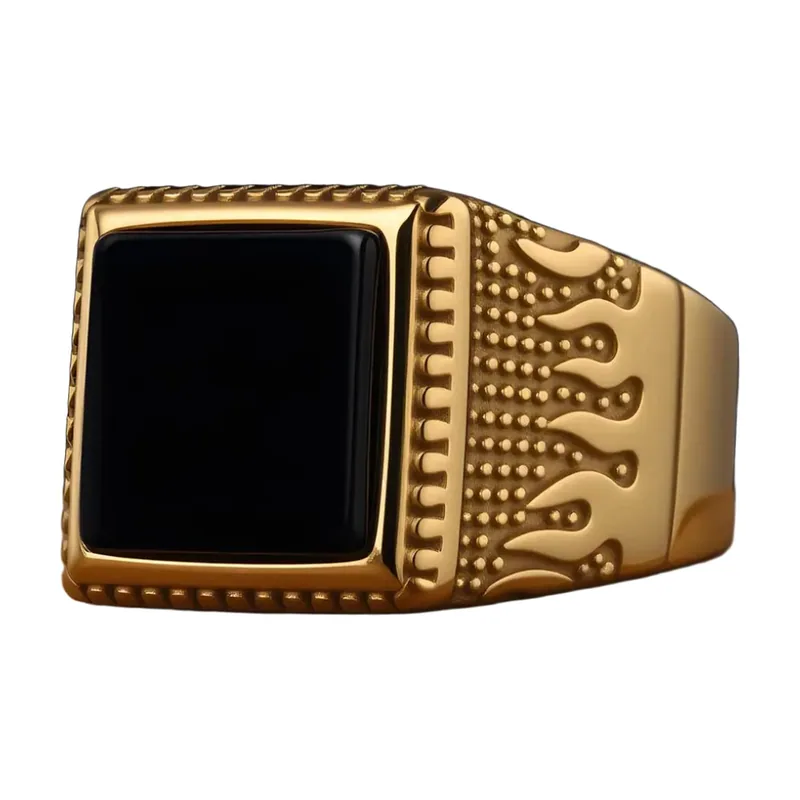 Square Signet Ring with Onyx and Flame Motifs, Gold Tone