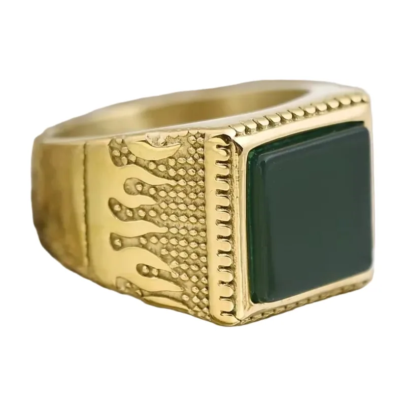 Chevalière Carrée avec Onyx Vert, Acier Inoxydable Doré