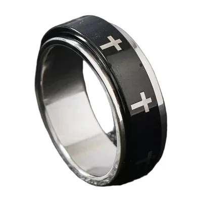 Rotierender Kreuz-Ring für Herren, Schwarz-Silber Edelstahl