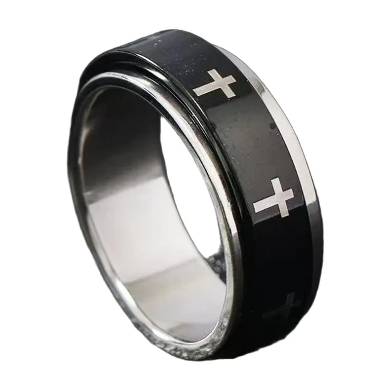Anello Spinner con Croce, Acciaio Inossidabile Nero e Argento