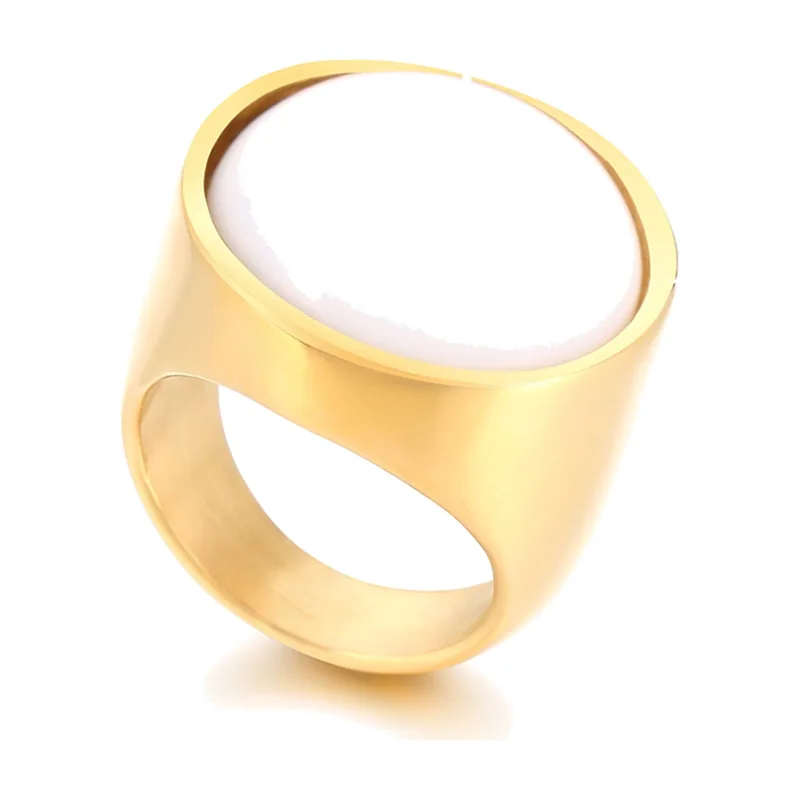 Oval Signet Ring with White Stone, Stainless Steel