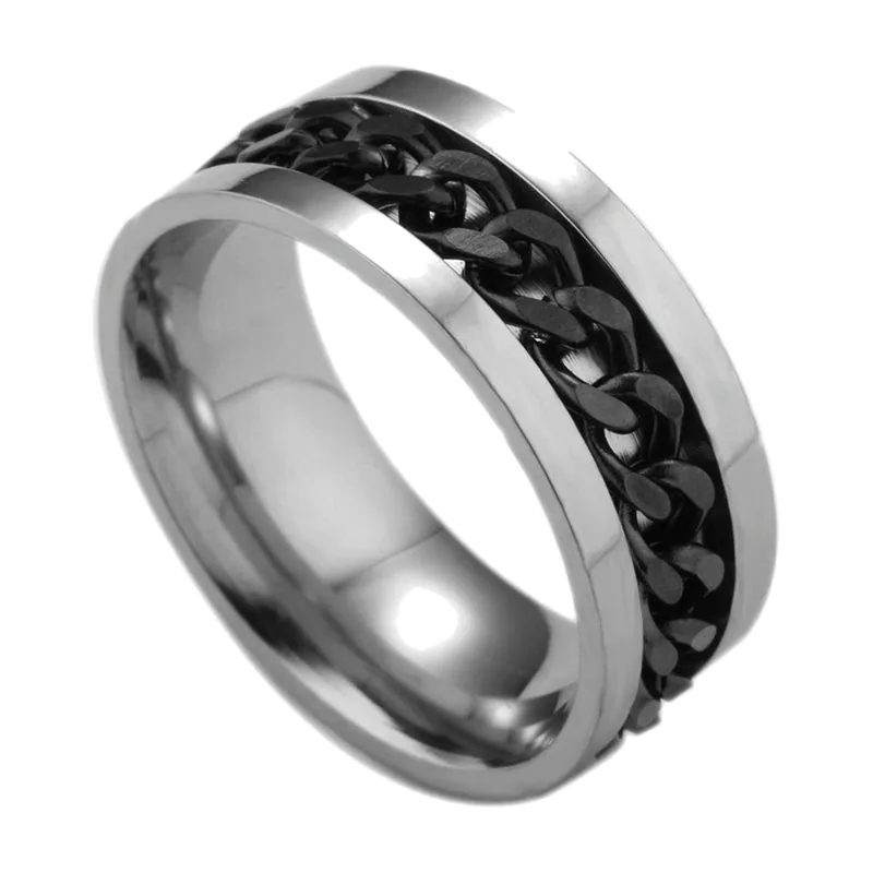 Spinner-Ring mit schwarzem Ketten-Motiv aus Edelstahl