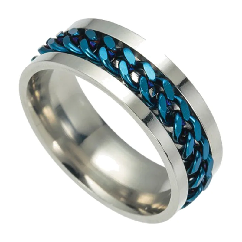 Spinner-Ring mit blauem Ketten-Motiv, Edelstahl