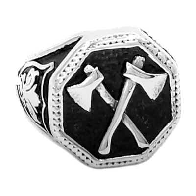 Anillo Sello Hexagonal con Hachas Cruzadas, Acero Inoxidable