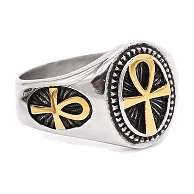 Anillo Sello Ankh con Detalles Dorados, Acero Inoxidable