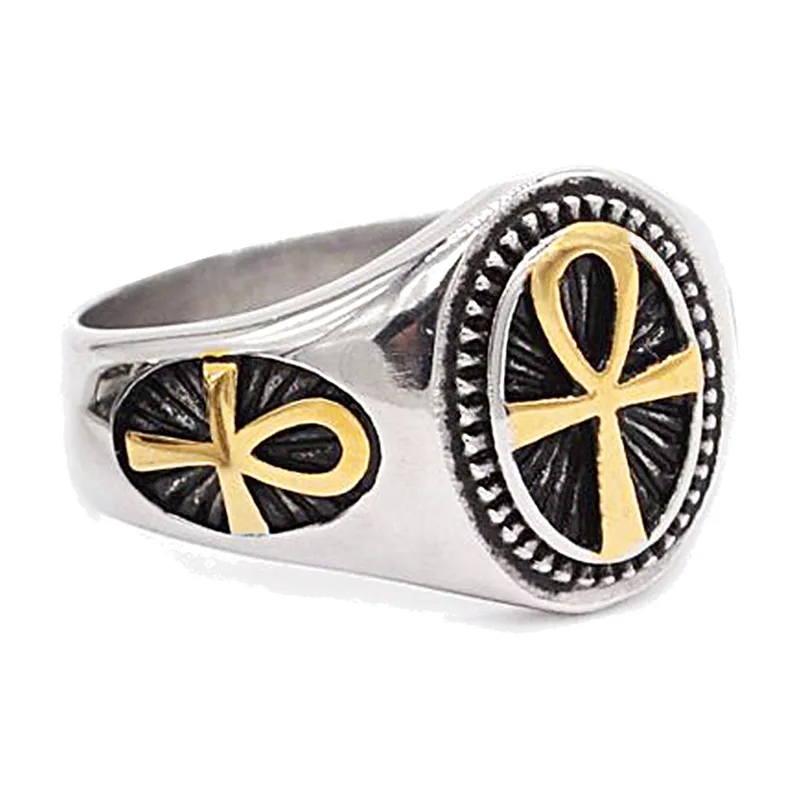 Chevalière Ankh avec Détails Dorés, Acier Inoxydable