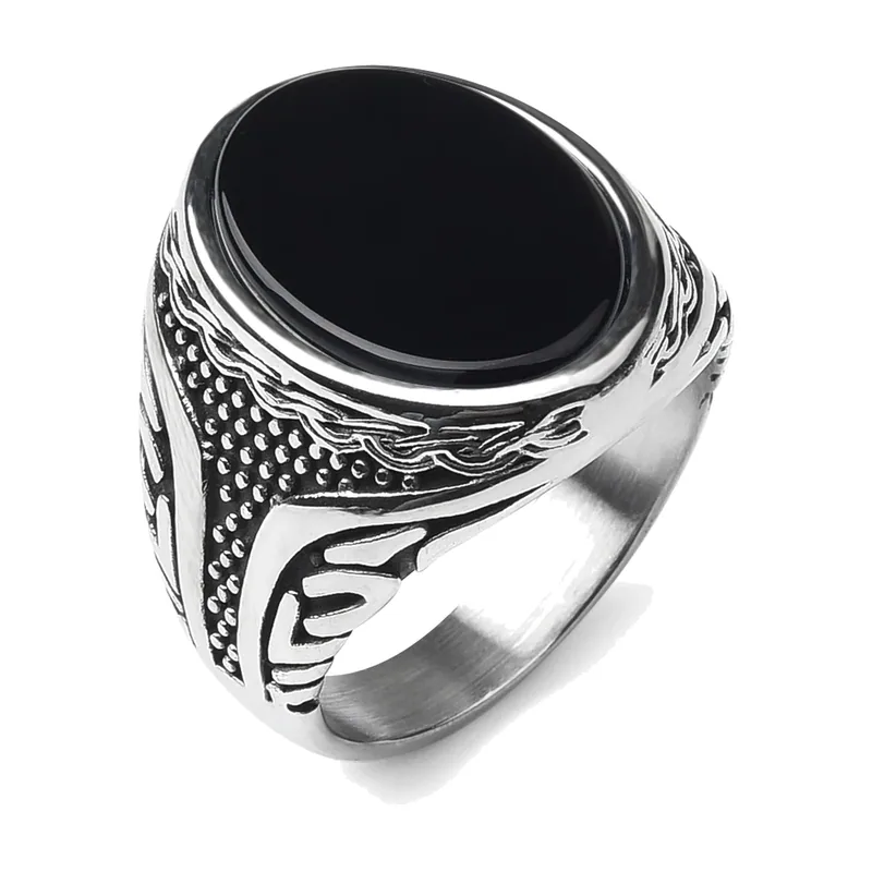 Oval Signet Ring with Black Stone, Stainless Steel