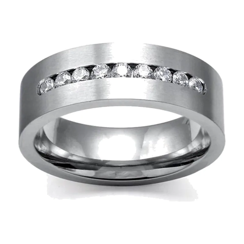 Heart Motif Band Ring with Cubic Zirconia, Stainless Steel