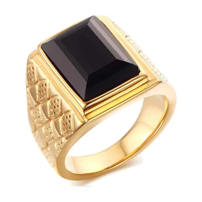 Anillo Sello Rectangular con Piedra Negra, Acero Inoxidable Dorado