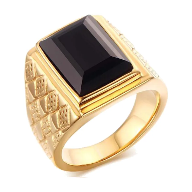 Anillo Sello Rectangular con Piedra Negra, Acero Inoxidable Dorado