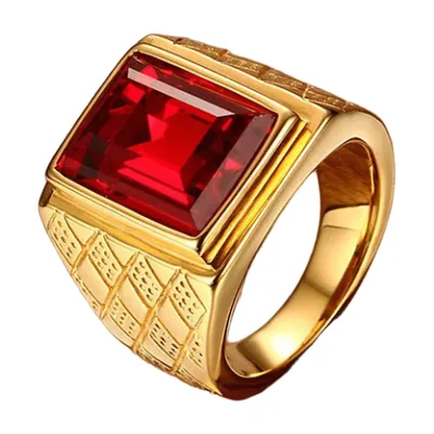 Anillo Sello Cuadrado con Piedra Roja, Acero Inoxidable Dorado