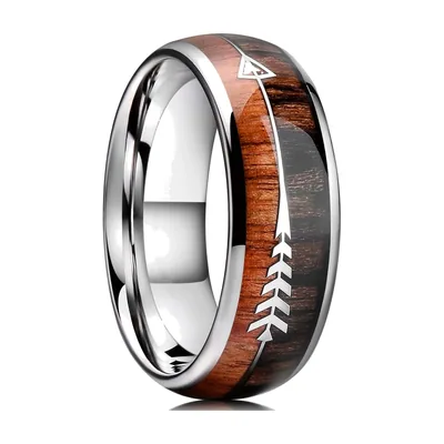 Anello con Intarsio in Legno e Dettaglio Freccia, Acciaio Inox