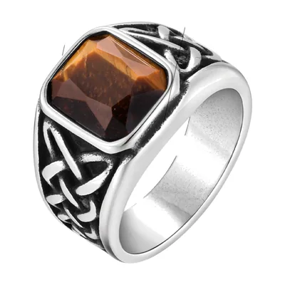 Herren Siegelring mit Wikinger-Knoten und braunem Stein, Edelstahl