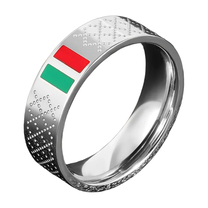 Bague avec incrustations émail rouge et vert, acier inoxydable