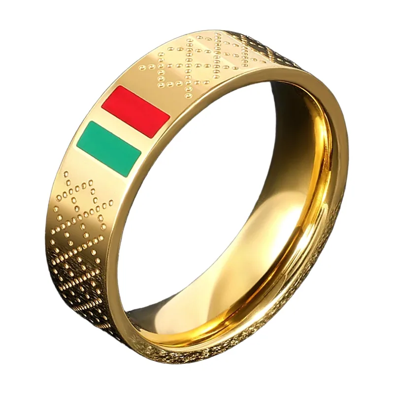 Goldfarbener Herrenring mit rot-grüner Emaille, Edelstahl
