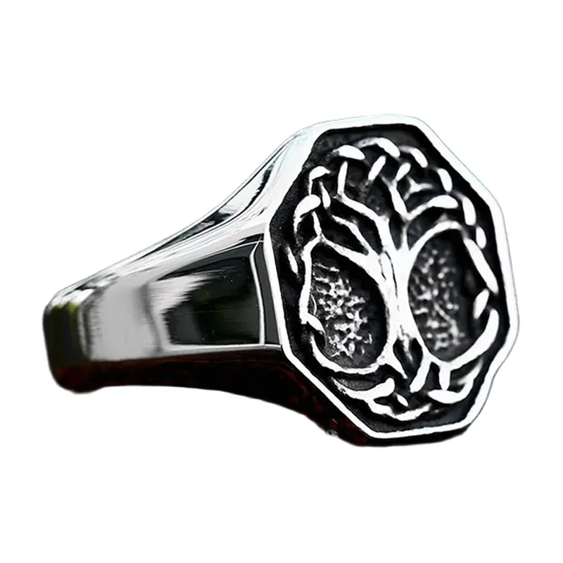 Chevalière Octogonale Arbre de Vie Yggdrasil, Acier Inoxydable