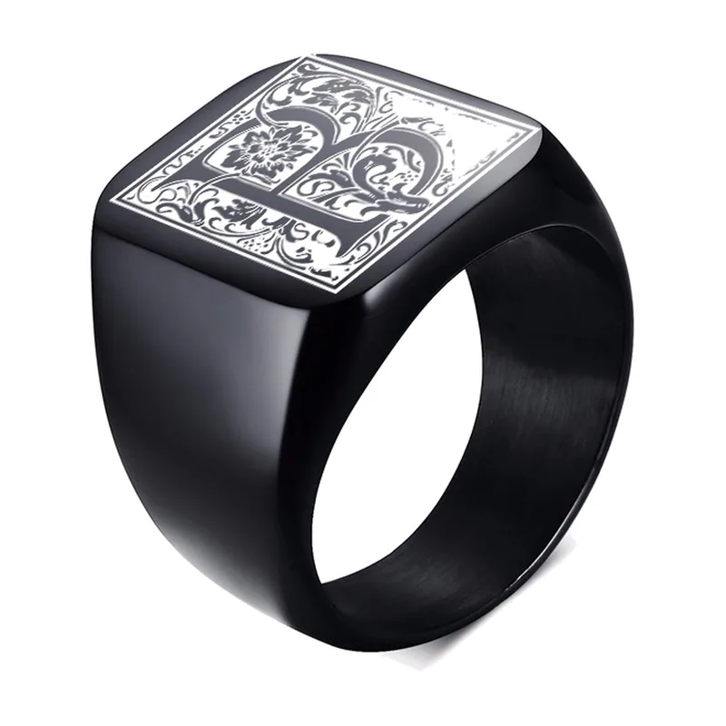 Square Signet Ring with Floral Monogram, Stainless Steel