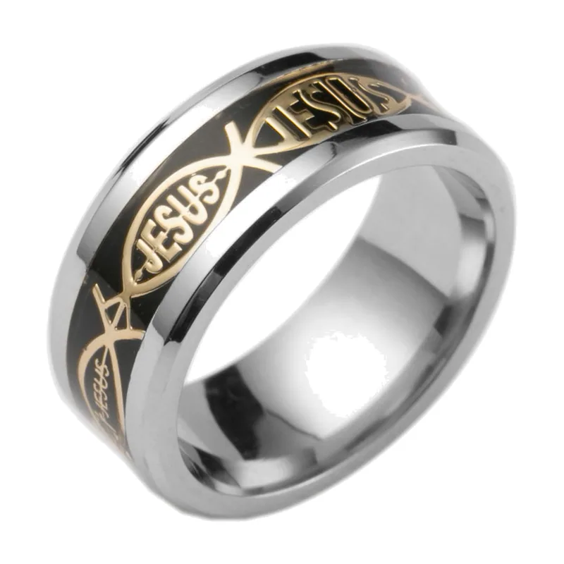 Anello Religioso con Croce e Testo Gesù, Acciaio Inossidabile