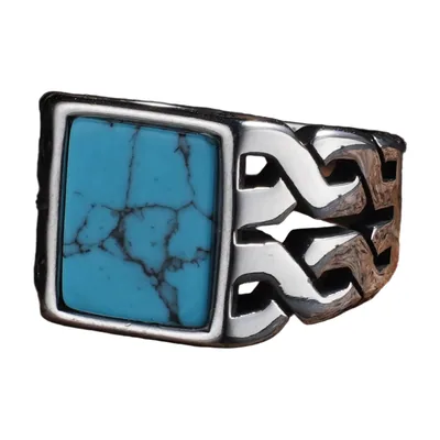 Anillo Sello Cuadrado con Piedra Turquesa, Acero Inoxidable