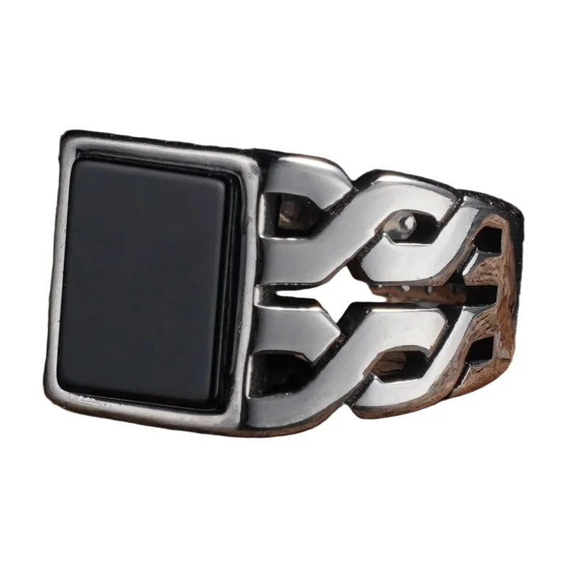Square Signet Ring with Black Stone, Stainless Steel
