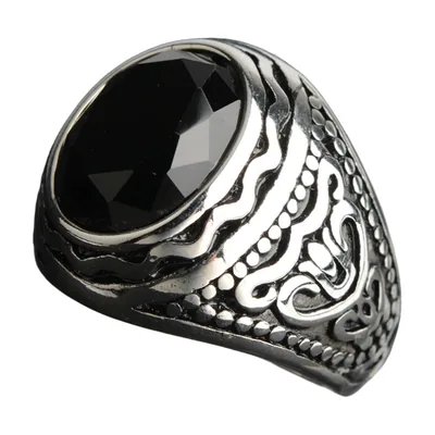 Anillo Sello Ovalado con Zirconia Negra, Acero Inoxidable