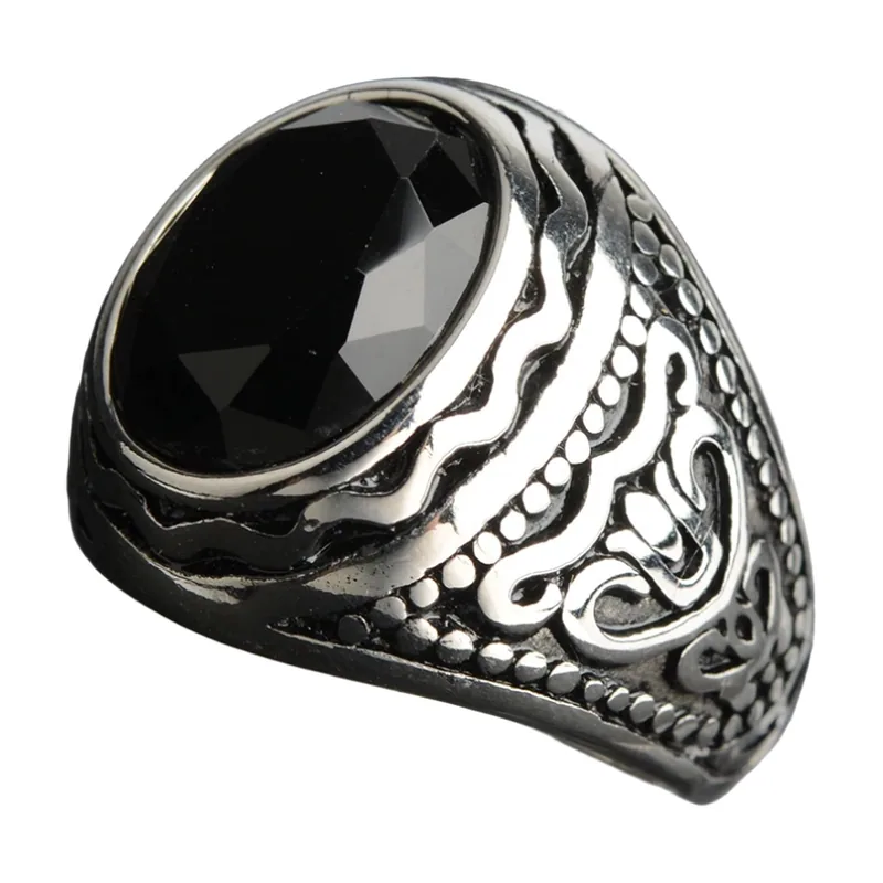 Chevalière Ovale avec Zircone Noire, Acier Inoxydable