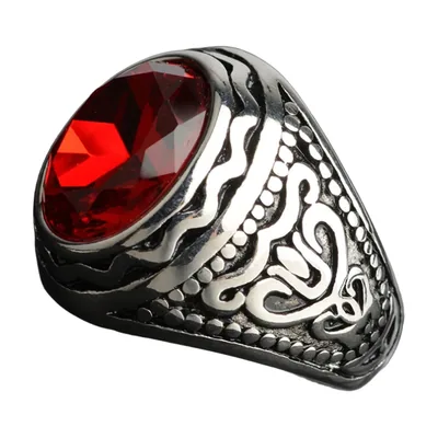 Anillo Sello con Zirconia Roja y Grabados Ornamentales, Acero Inoxidable