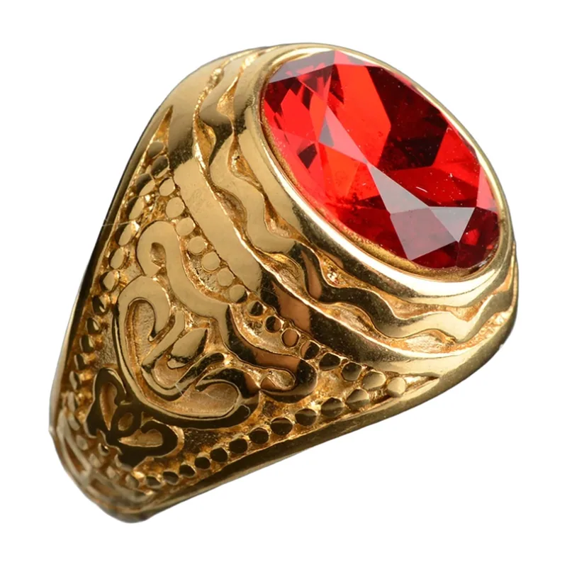 Anillo Sello con Circonia Roja, Acero Inoxidable