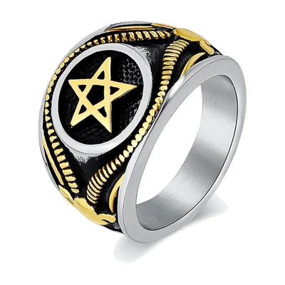 Bague Chevalière au Pentagramme et Détails Dorés, Acier Inoxydable