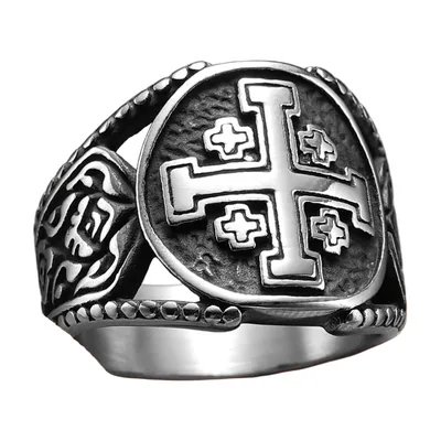 Anillo Sello Cruz de Jerusalén, Acero Inoxidable 316L
